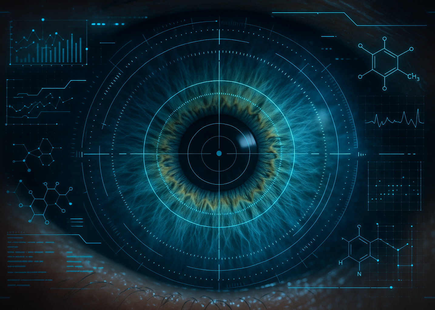 an iris with a futuristic symbol around it indicating research or study of the eye